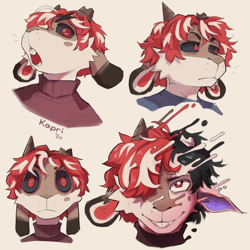 black_hair broken_horn clothing dark_sclera hair horn red_eyes red_hair stare sweater topwear turtleneck kapri kapri_(kapri) 1:1 absurd_res hi_res