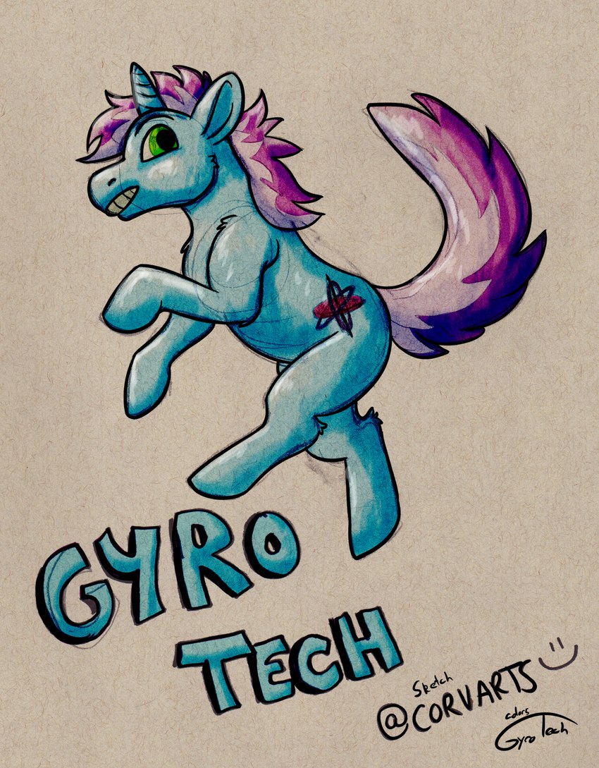 blue_body cutie_mark feral green_eyes hair hooves horn male mane pink_hair quadruped unicorn_horn corvarts gyrotech hasbro my_little_pony mythology fan_character gyro_tech equid equine mammal mythological_creature mythological_equine unicorn hi_res