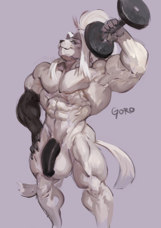 anthro balls bicep_curl biceps big_balls big_muscles big_penis dumbbell exercise flaccid flexing genitals huge_muscles male muscular muscular_anthro muscular_male nude nude_workout penis smile solo standing weightlifting weights workout goroguro felid mammal hi_res