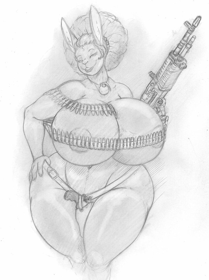 afro ammo_belt anthro big_breasts breasts covered_nipples explosives female grenade gun hand_on_hip holstered_pistol huge_breasts looking_at_viewer m60 machine_gun navel ranged_weapon solo thick_thighs weapon wide_hips blackfox85 alba_(blackfox85) lagomorph leporid mammal rabbit hi_res monochrome traditional_media_(artwork)