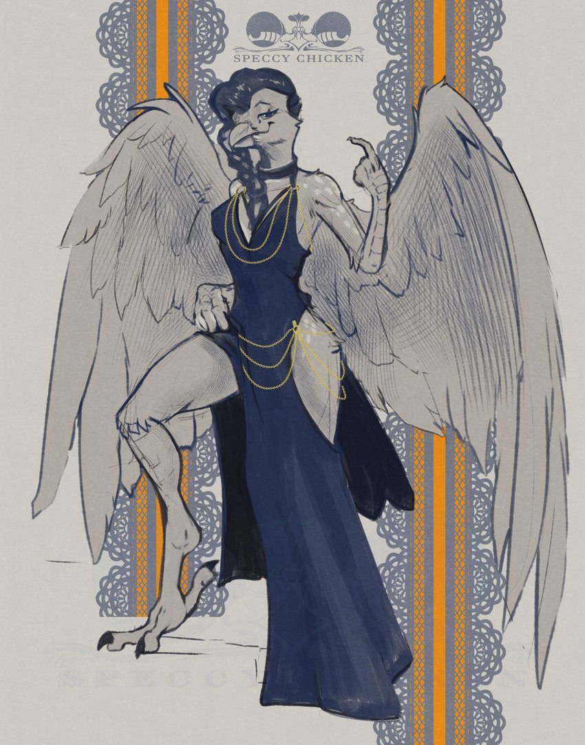 anthro beak beckoning bedroom_eyes black_eyes braided_hair breasts clothed clothing clothing_lift dress feathers feet female gesture hair jewelry looking_at_viewer narrowed_eyes neo_noir seductive slim small_waist smile solo spread_wings standing step_pose tail tail_feathers talon_hands talons toes wings speccychicken xai_xevion avian bird corvid corvus_(genus) crow oscine passerine 2024 full-length_portrait hi_res monochrome portrait