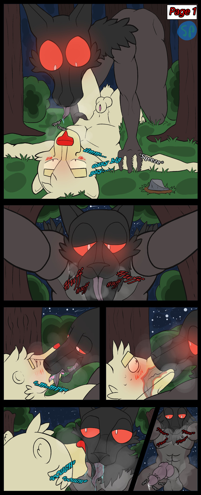 animal_genitalia anthro big_eyes bodily_fluids brown_eyes duo erection forest fur genitals grass kissing knot lying male male/male nature on_top open_mouth outside penis plant red_eyes red_nose saliva sheath shrub sky smile star surprised tail text tongue tongue_in_mouth tongue_in_throat tongue_out tree white_body white_fur spazlovesdew spaz stix bear cryptid mammal polar_bear ursine absurd_res comic hi_res