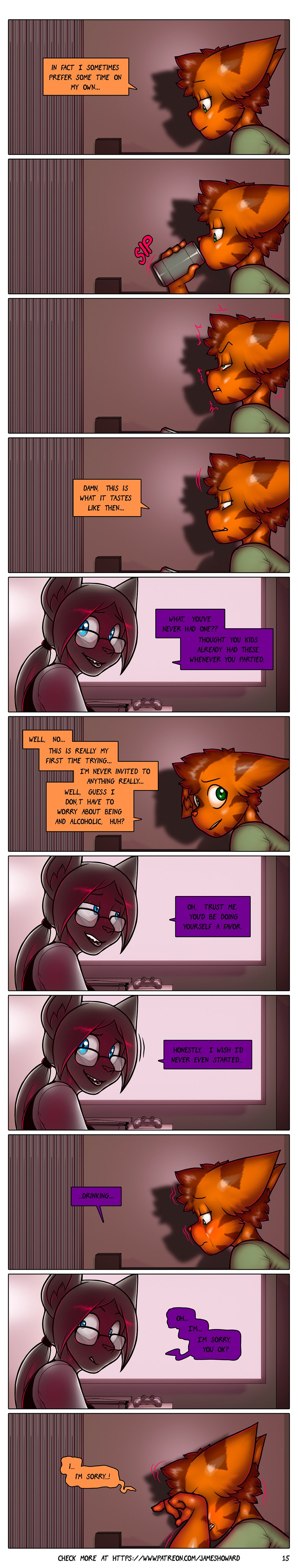 3d_background anthro bodily_fluids crying dialogue duo female male tears text james_howard patreon agatha_(james_howard) alphonse_(james_howard) cougar domestic_cat felid feline felis mammal absurd_res comic english_text hi_res long_image tall_image url