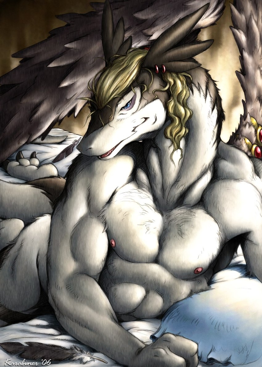 anthro bed blonde_hair blue_eyes feathered_wings feathers fur furniture hair male nipples solo tail wings karabiner winddragon legendz mythology ranshiin dragon feathered_dragon feathered_scalie furred_dragon furred_scalie mythological_creature mythological_scalie scalie 2006 hi_res