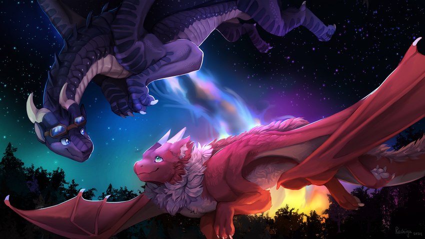 claws duo feral flying fur horn male night pawpads smile rechiigu mythology fatehunter mana_(manaaa) dragon furred_dragon furred_scalie mythological_creature mythological_scalie scalie 16:9 widescreen