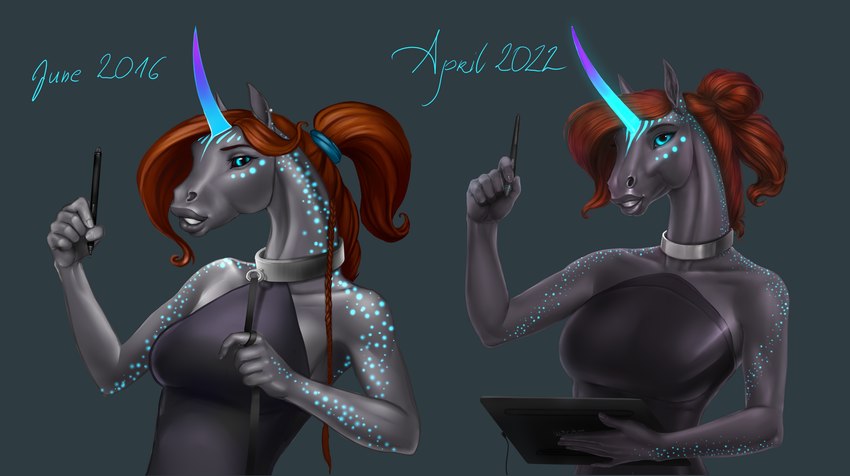 anthro art_evolution art_progression black_sclera blue_eyes braided_hair braided_ponytail brown_hair clothing collar dappled_fur drawing_pad ear_piercing female gradient_horn hair horn leash lips piercing ponytail tablet tablet_pen thick_lips quillu mythology quillu_(character) equid equine mammal mythological_creature mythological_equine unicorn 2016 2022 hi_res