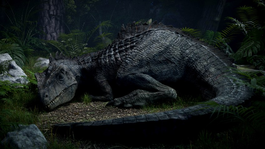 ambiguous_gender claws detailed_background dorsal_ridge eyes_closed feral fern grass lying night on_front on_ground outside plant rock scales sharp_teeth sleeping solo teeth tree ivorylagiacrus jurassic_park jurassic_world jurassic_world:_dominion universal_studios carcharodontosaurid dinosaur giganotosaurus prehistoric_species reptile scalie theropod 16:9 3d_(artwork) 4k absurd_res digital_media_(artwork) hi_res widescreen