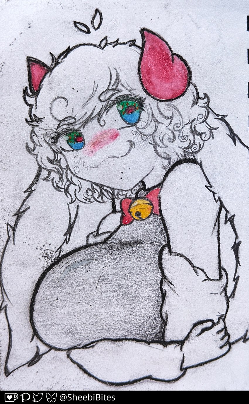 bell bell_collar big_breasts blush bow_tie breasts collar female fluffy_ear freckled_face freckles hair horizontal_pupils horn pupils teal_eyes sheebibites sheebi animal_humanoid bovid bovid_humanoid caprine caprine_humanoid humanoid lagomorph lagomorph_humanoid leporid leporid_humanoid mammal mammal_humanoid rabbit rabbit_humanoid sheep sheep_humanoid absurd_res hi_res traditional_media_(artwork)