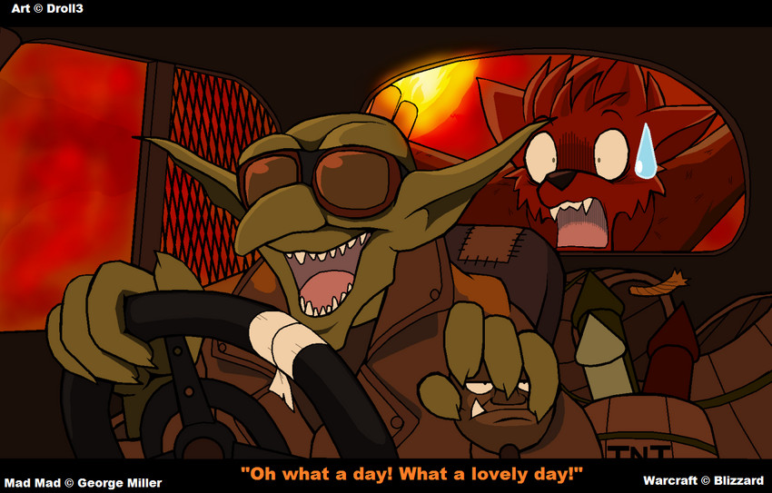 bomb car driving duo enjoyment excited explosives inside_car inside_vehicle male sandstorm sapper shocked steering_wheel stick suicide_bomber vehicle droll3 blizzard_entertainment mad_max mad_max_fury_road warcraft canid canine canis goblin humanoid mammal werecanid werecreature wolf worgen