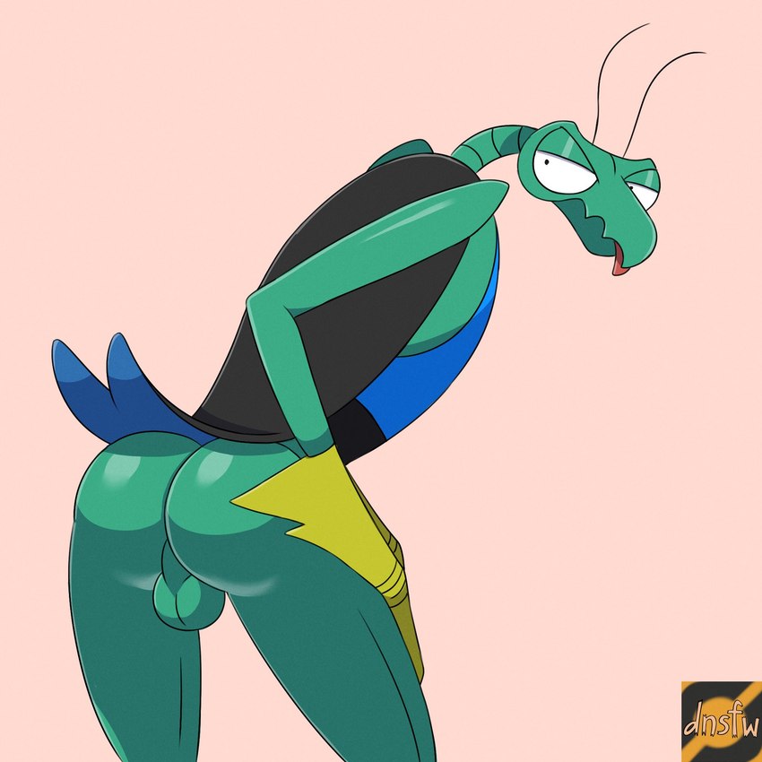 antennae_(anatomy) anthro balls biped butt clothing genitals gloves green_body handwear looking_at_viewer male non-mammal_balls solo tongue tongue_out topwear darknsfwindie hanna-barbera space_ghost_(series) zorak_(space_ghost) arthropod dokarian insect mantis 1:1 hi_res