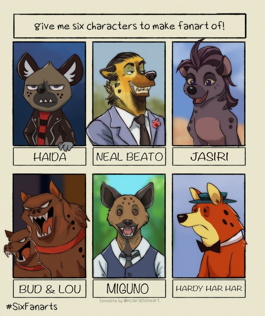 anthro black_nose brown_body brown_fur clothed clothing collar fangs female feral fur group hat headgear headwear male markings open_mouth red_body red_fur smile spots spotted_body spotted_fur teeth text tategaminu aggretsuko beastars blacksad dc_comics disney hanna-barbera lippy_the_lion_and_hardy_har_har sanrio six_fanarts_challenge the_lion_guard the_lion_king bud_the_hyena_(dc) haida_(aggretsuko) hardy_har_har jasiri_(the_lion_guard) lou_the_hyena_(dc) miguno_(beastars) neal_beato hyena mammal spotted_hyena 2020 absurd_res english_text hi_res meme multiple_images