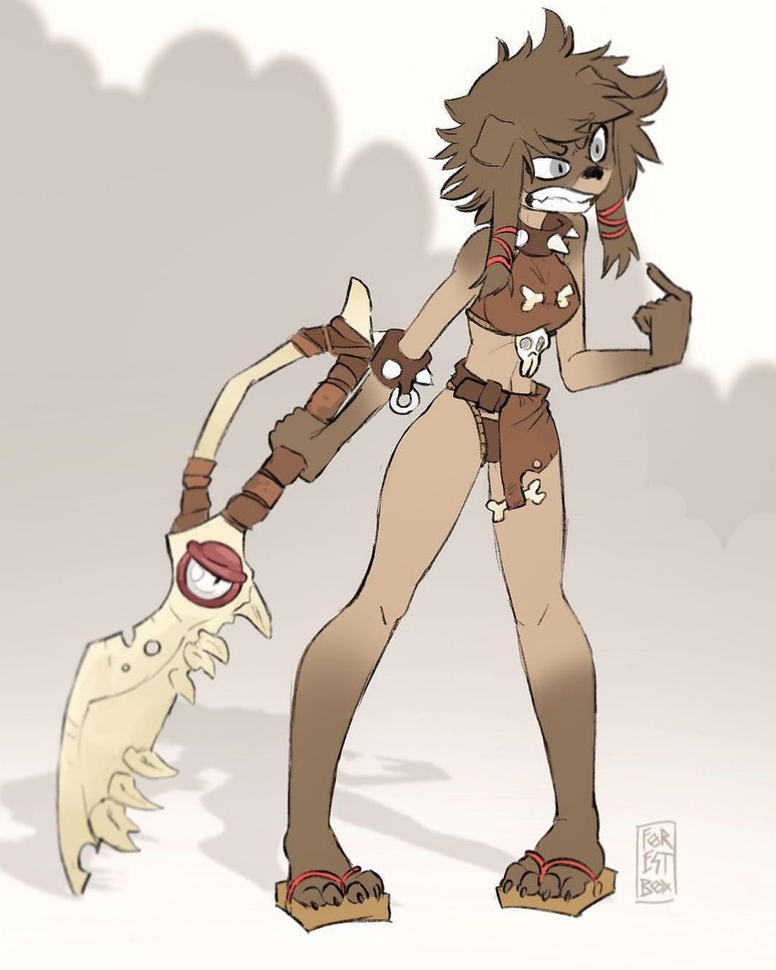 4_toes accessory angry anthro belt black_nose bone brown_body brown_skin clenched_teeth clothed clothing collar countershade_face countershading feet female footwear gesture grey_eyes hair_accessory hair_ribbon hand_gesture long_legs melee_weapon midriff navel partially_clothed pigeon_toed pointing pointing_at_self ribbons sandals shoes simple_background solo spiked_collar spikes sword teeth toes weapon foresttherotten ankama dofus wakfu canid mammal ouginak 2019 4:5 colored digital_drawing_(artwork) digital_media_(artwork) hi_res signature