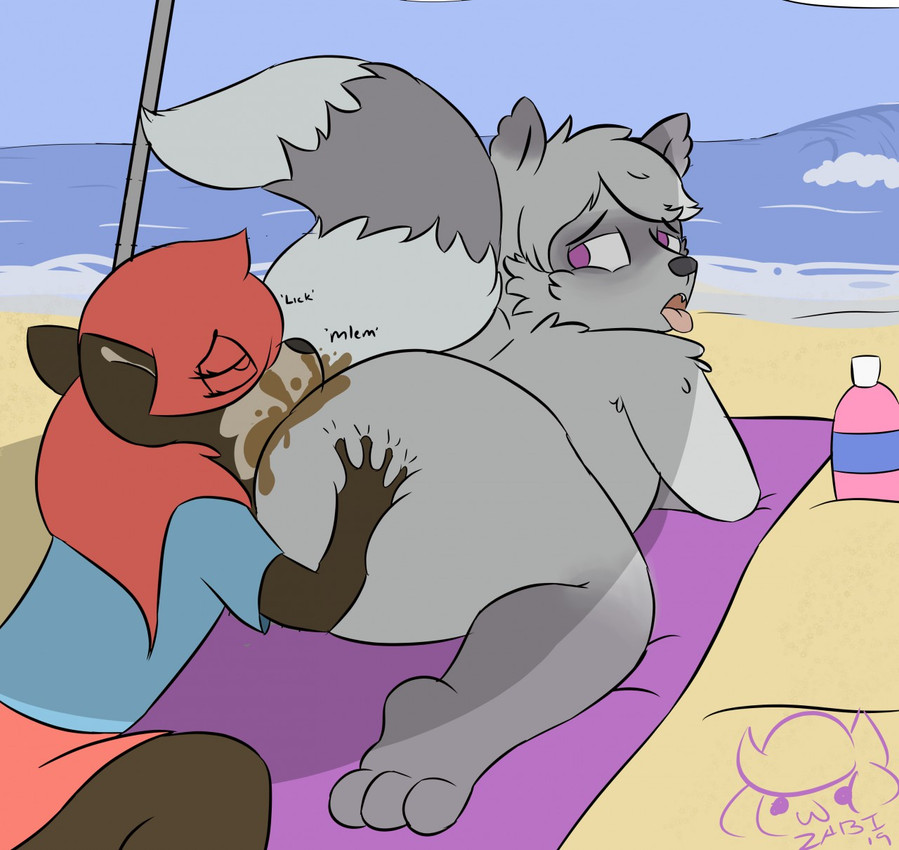anal anthro beach beach_towel beach_umbrella big_butt blue_clothing blue_shirt blue_topwear bottomwear brown_body brown_fur butt butt_grab clothed clothing day dirty_rimming duo eye_through_hair facial_tuft feces feces_in_mouth feces_on_body feces_on_butt feces_on_face fur grey_body grey_fur grey_hair hair hand_on_butt looking_at_another looking_back looking_back_at_another male male_rimming_male markings narrowed_eyes nude_anthro nude_male open_mouth oral parasol purple_eyes raised_tail red_bottomwear red_clothing red_hair red_shorts rimming rimming_male sand scatplay sex shirt shorts sound_effects striped_body striped_fur striped_markings striped_tail stripes tail tail_markings text tongue tongue_out topwear towel translucent translucent_hair tuft water wave white_body white_fur zadirtybish zabi_(zabish) canid canine canis mammal procyonid raccoon wolf 2019 artist_name dated hi_res
