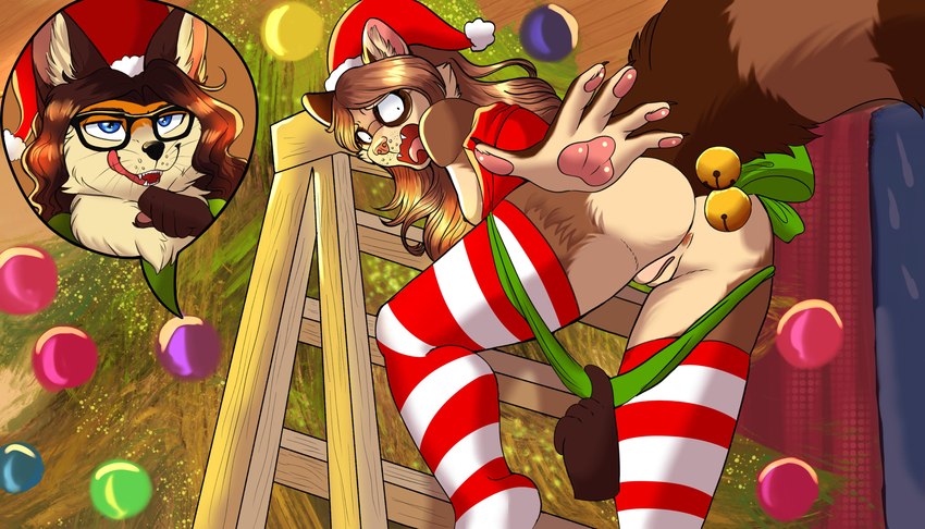 anthro anus brown_body brown_hair butt christmas_clothing christmas_decorations christmas_headwear christmas_tree clothed clothing duo eyewear female fluffy fluffy_tail fur genitals glasses green_clothing hair hat headgear headwear holidays inside interspecies legwear long_hair looking_at_another looking_back low-angle_view male male/female mischievous_smile naughty_face panties partially_clothed pattern_clothing pattern_legwear pawpads paws plant pussy raised_tail rear_view santa_hat seductive shocked smile solo_focus speech_bubble stairs standing striped_clothing striped_legwear stripes surprised_expression tail thigh_highs tongue tongue_out tree underwear bonbonsart christmas canid canine fox mammal procyonid raccoon 2025 absurd_res digital_drawing_(artwork) digital_media_(artwork) hi_res