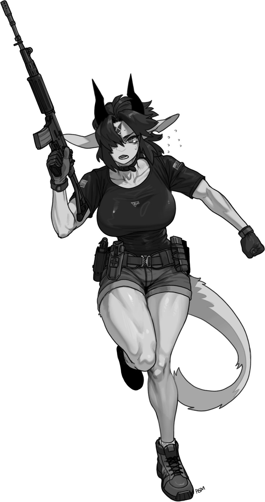 anthro big_breasts bodily_fluids bottomwear breasts clothed clothed_anthro clothed_female clothing collar female fnc footwear front_view fully_clothed fully_clothed_anthro fully_clothed_female fur gloves gun hair handwear holding_gun holding_object holding_ranged_weapon holding_weapon horn open_mouth pants ranged_weapon shirt shoes simple_background solo sweat teeth tongue topwear weapon white_background pgm300 mythology chabett dragon furred_dragon furred_scalie mythological_creature mythological_scalie scalie 2024 absurd_res hi_res monochrome