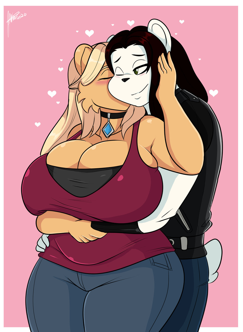 anthro blush breasts duo female heart_symbol kissing male male/female smile jwinkz amara_(jwinkz) bear mammal polar_bear ursine absurd_res hi_res