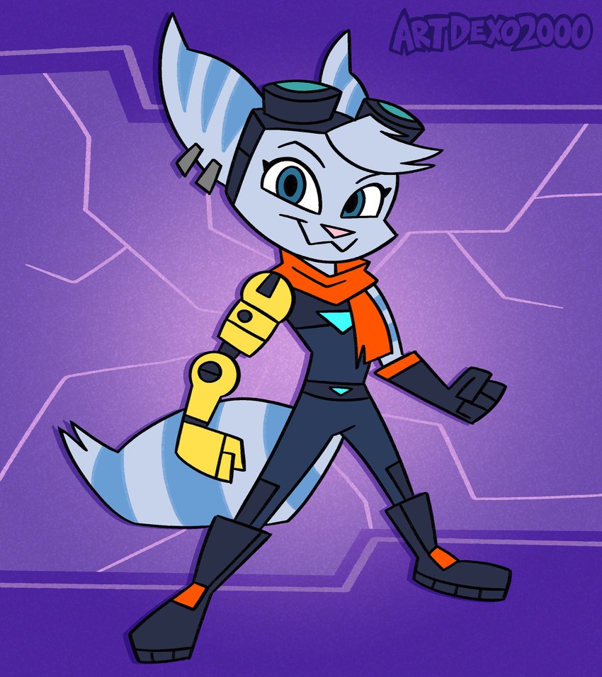 :3 anthro blue_eyes clothed clothing cybernetic_arm cybernetic_limb cybernetics ear_piercing eyewear eyewear_on_head female fur goggles goggles_on_head hair looking_at_viewer machine outline piercing prosthetic prosthetic_limb solo stripes toony artdexo2000 insomniac_games ratchet_and_clank sony_corporation sony_interactive_entertainment rivet_(ratchet_and_clank) lombax mammal absurd_res digital_media_(artwork) hi_res