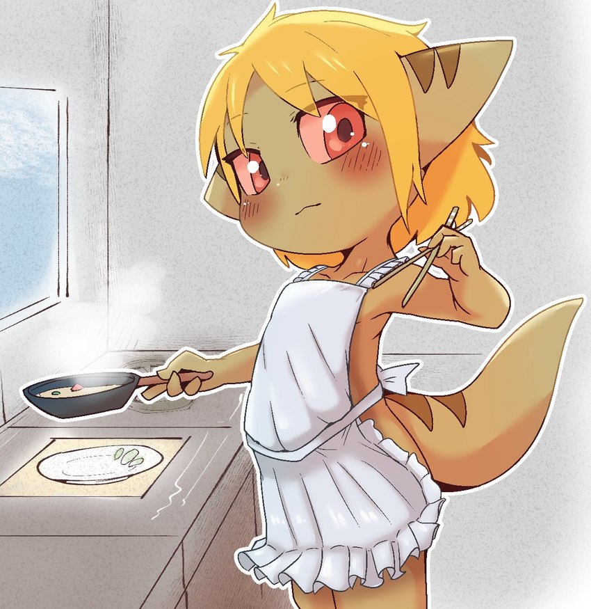 anthro apron apron_only blonde_hair blush brown_body chopsticks clothing cooking cookware female flat_chested food frilly frilly_apron frilly_clothing frying_pan hair holding_object inside kitchen_utensils looking_at_viewer mostly_nude simple_background solo tools young young_anthro young_female doneru tany_(doneru) bamfear hi_res adult_(lore)