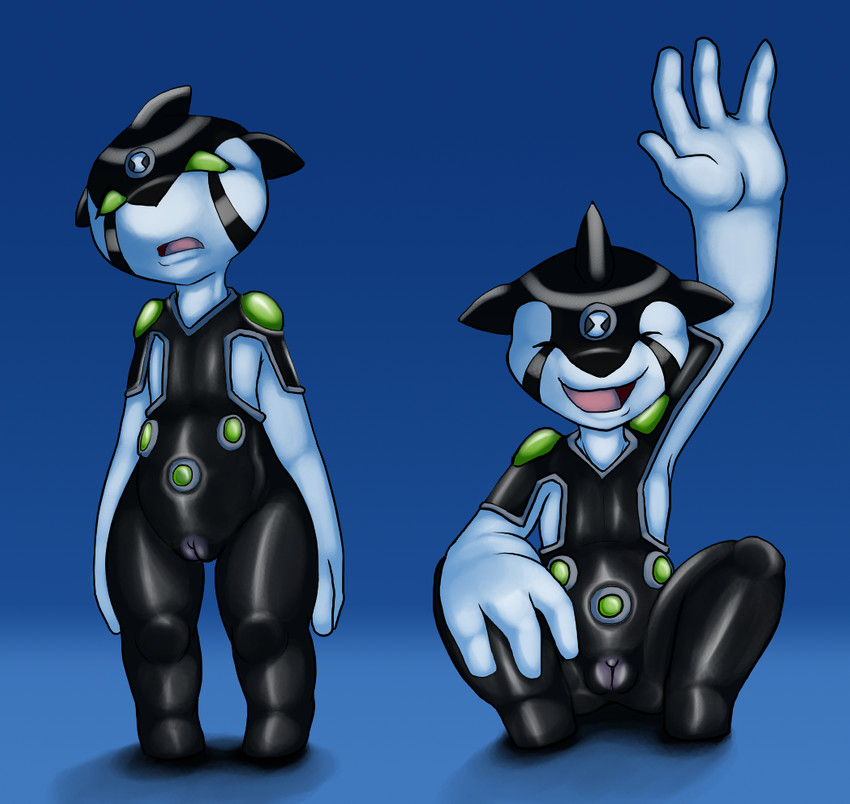 4_fingers andromorph anthro biped blue_background duo eyes_closed fingers genitals intersex open_mouth pussy simple_background sitting standing tongue c0nnerc00n ben_10 cartoon_network ditto_(ben_10) alien marine splixson 2010 digital_media_(artwork)