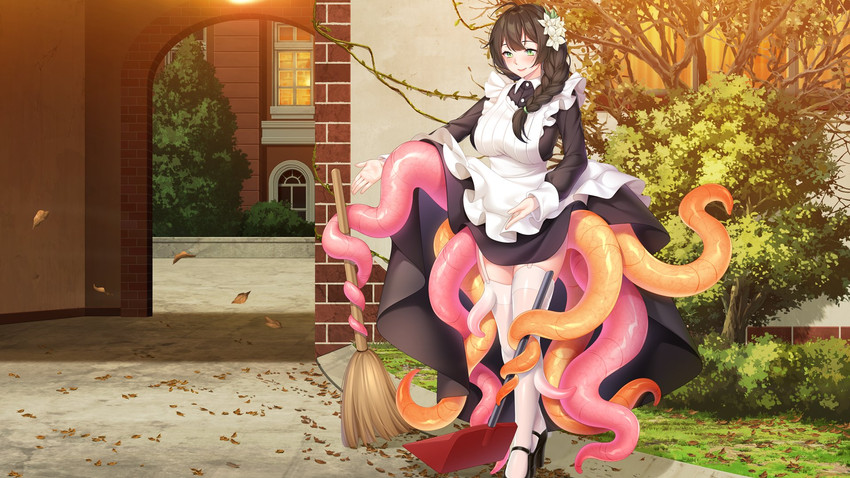 accessory ahoge apron autumn_leaves big_breasts black_clothing black_dress black_hair braided_hair breasts broom cleaning_tool clothing dress female flower flower_in_hair game_cg grass green_eyes hair hair_accessory holding_broom holding_cleaning_tool holding_object holding_shovel holding_tool legwear long_hair long_sleeves looking_at_viewer maid_apron maid_uniform monster_girl_(genre) outside plant pupils shovel single_braid slit_pupils smile solo standing tentacles thigh_highs tools tree uniform white_apron white_clothing white_flower uosaasou existence yuka_(existence) human humanoid mammal tentacle_creature 16:9 full-length_portrait hi_res portrait widescreen