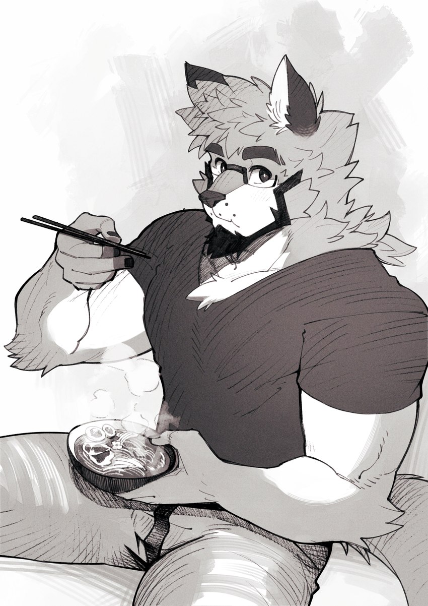 anthro bowl chopsticks clothed clothing container eating fluffy fluffy_ears food male muscular muscular_anthro muscular_male noodles ramen ramen_bowl simple_background solo dannon-5 danny_(dannon-5) canid canine canis mammal wolf digital_media_(artwork) hi_res monochrome sketch