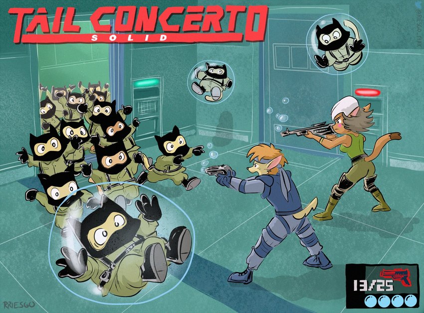 anthro bubble cosplay crossover_cosplay female firing_weapon group gun male male/female military ranged_weapon soldier warrior weapon rriesgo cyberconnect2 konami little_tail_bronx metal_gear tail_concerto alicia_pris meryl_silverburgh solid_snake waffle_ryebread canid canine caninu canis domestic_dog felid feline felineko mammal wolf 2022 crossover hi_res