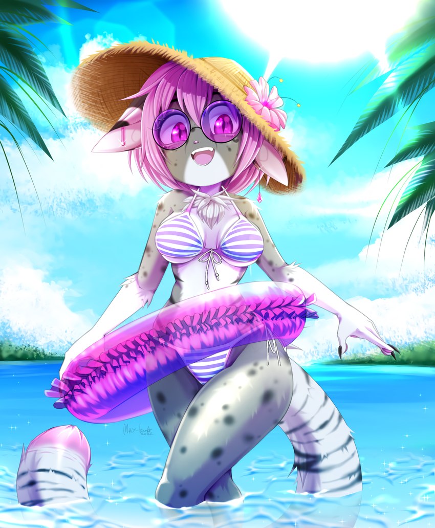 anthro bikini bikini_bottom bikini_top breasts claws clothing female fur hat headgear headwear palm_tree plant pool_float sea seaside solo swimwear thick_thighs tree two-piece_swimsuit water wet wet_body wet_fur wide_hips vadimkadno fynnley_(character) domestic_cat felid feline felis mammal mixed_breed savannah_cat absurd_res hi_res