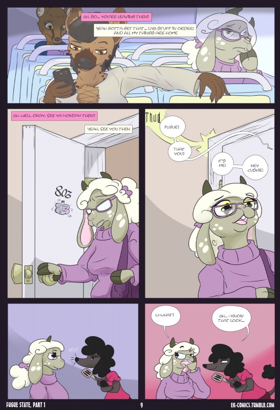 anthro clothing dialogue female fur group hair horn overweight text eeekay fugue_(eeekay) gnollbard bovid canid canine caprine domestic_sheep fox hyena mammal sheep spotted_hyena 2018 comic digital_media_(artwork) english_text hi_res