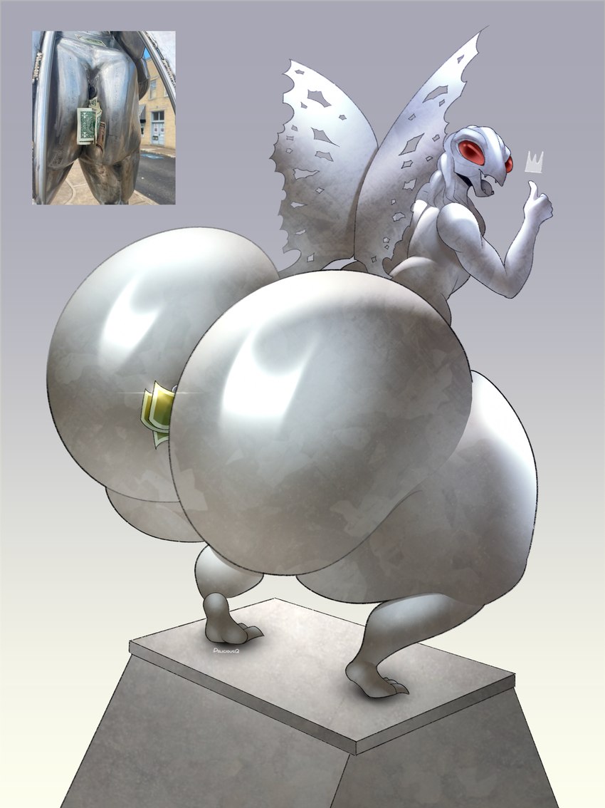 anthro big_butt butt claws fangs gesture grey_body hand_gesture huge_butt looking_at_viewer looking_back male metallic_body open_mouth pedestal presenting presenting_hindquarters red_eyes sculpture smile smiling_at_viewer solo spread_wings statue teeth thick_thighs thumbs_up tongue wide_hips wings deliciousq mothman animate_inanimate living_statue absurd_res hi_res reference_image