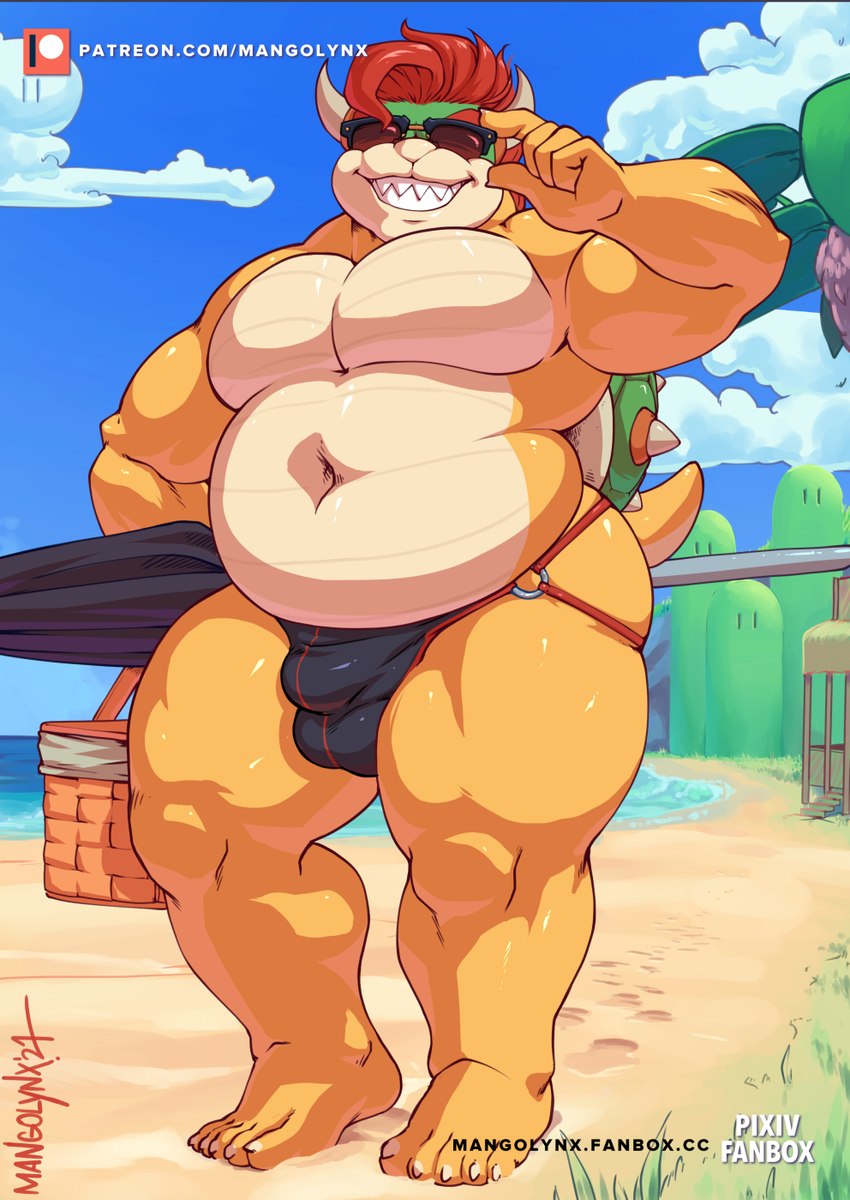 2_horns 5_fingers 5_toes anthro balls_outline barazoku basket beach beach_umbrella belly belly_scales biceps big_belly big_muscles big_pecs bottomwear bulge clothed clothing cloud container countershade_scales countershade_torso countershading day deep_navel detailed_background detailed_bulge eyebrows eyewear fangs feet fingers front_view genital_outline grass green_body green_scales grin hair holding_basket holding_container holding_object holding_umbrella horn huge_thighs jockstrap light male musclegut muscular muscular_anthro muscular_male muscular_thighs navel outside palm_tree parasol patreon_logo pecs penis_outline picnic_basket plant pose quads red_eyebrows red_hair sand scales sea seaside sharp_teeth shell skimpy sky smile smiling_at_viewer solo spiked_shell spikes spikes_(anatomy) standing sunglasses sunlight tan_body tan_countershading tan_scales teeth text thick_thighs toes topless tree triceps umbrella underwear water wide_hips yellow_body yellow_scales mangolynx mario_bros nintendo patreon bowser koopa reptile scalie 2021 dated digital_media_(artwork) hi_res lighting pinup shaded signature url watermark