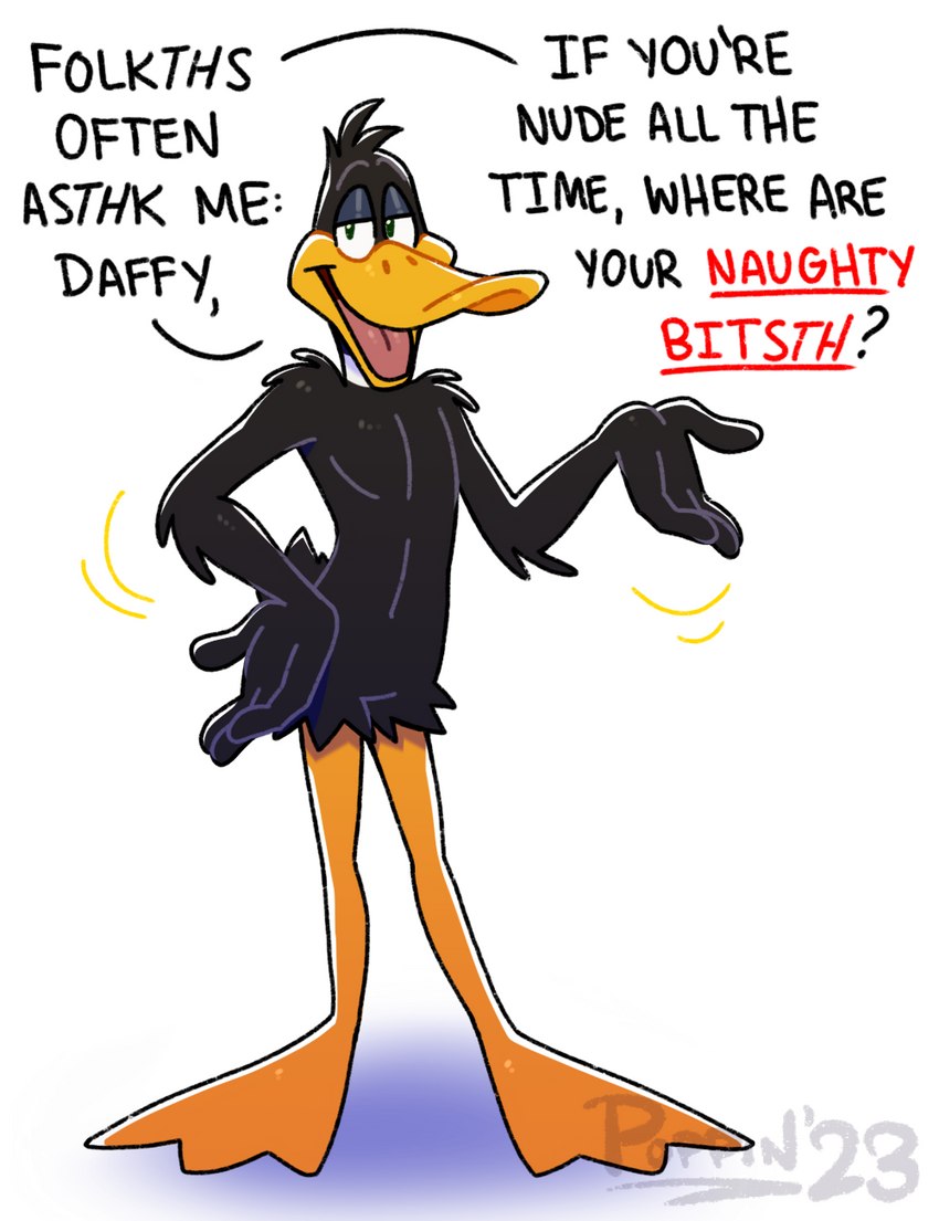 anthro beak black_body black_feathers dialogue feathers featureless_crotch front_view lisp male nude open_mouth simple_background solo standing talking_to_viewer text white_background yellow_beak conditional_dnp poppin looney_tunes warner_brothers daffy_duck anatid anseriform avian bird duck 2023 english_text hi_res signature