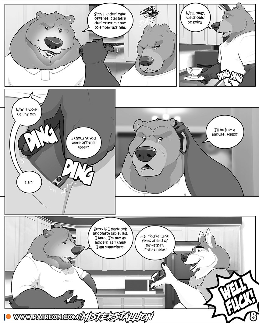 age_difference annoyed anthro clothed clothing dialogue electronics eyebrows fur greeting group holding_object holding_phone inside kitchen male older_male open_mouth open_smile patreon_logo phone shirt smile speech_bubble t-shirt teeth text topwear trio yelling younger_male misterstallion patreon ardent_(misterstallion) calvin_(misterstallion) sid_(misterstallion) bear canid canine canis mammal wolf 4:5 comic english_text greyscale hi_res monochrome url father_(lore) father_and_child_(lore) father_and_son_(lore) parent_(lore) parent_and_child_(lore) parent_and_son_(lore) son_(lore)