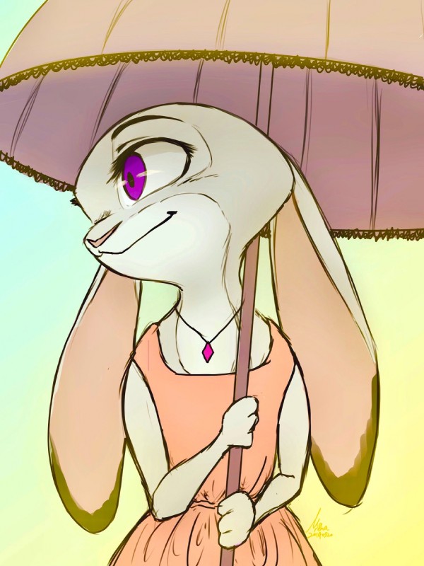 anthro clothed clothing dipstick_ears dress ear_markings ears_down female fully_clothed fur grey_body grey_fur holding_object jewelry light multicolored_ears necklace outside pivoted_ears purple_eyes solo umbrella marema_kishin disney zootopia judy_hopps european_rabbit lagomorph leporid mammal oryctolagus rabbit 2019 3:4 hi_res lighting