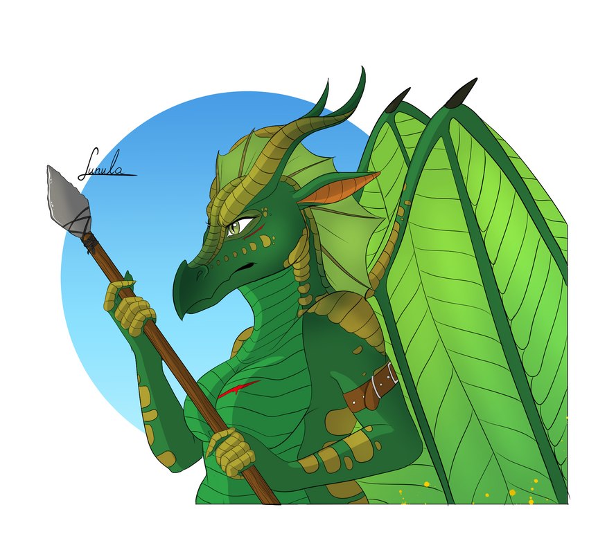 anthro big_breasts blood bodily_fluids breasts clothed clothing countershading cut_(wound) featureless_breasts female frill_(anatomy) frown gold_scales green_body green_scales leaf leaf_wings looking_at_viewer melee_weapon membrane_(anatomy) membranous_frill multicolored_body multicolored_scales navel non-mammal_breasts non-mammal_navel nude nude_female polearm scales solo spear spines topless tribal unusual_anatomy unusual_wings weapon wings wounded kinkypeach mythology wings_of_fire sundew_(wof) dragon leafwing_(wof) mythological_creature mythological_scalie scalie hi_res