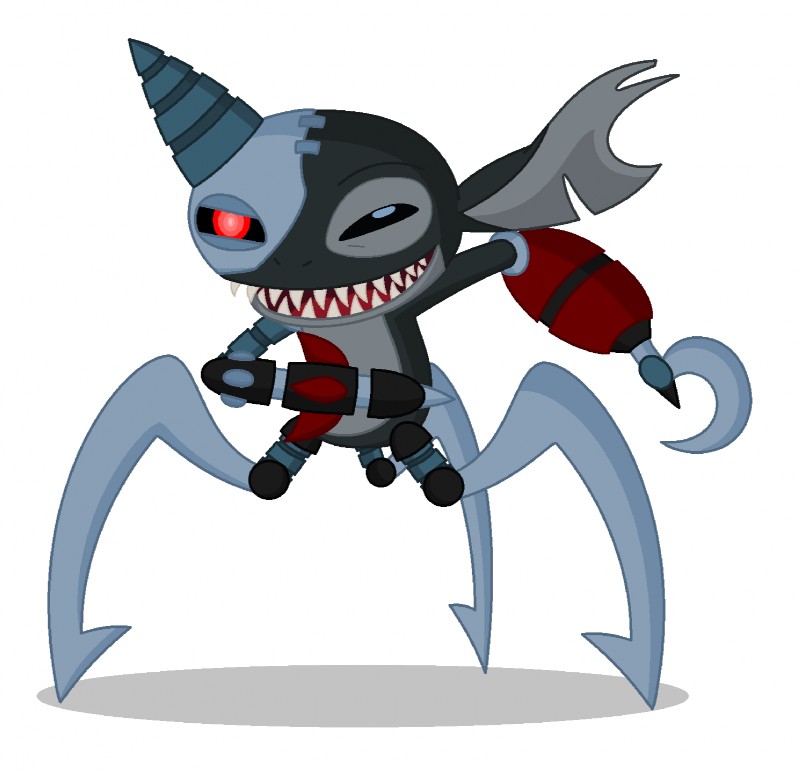 3_legs black_body black_eyes cybernetics evil_grin hook machine multi_leg multi_limb notched_ear red_eyes sharp_teeth simple_background smile solo teeth white_background pe-body disney lilo_and_stitch stitch! cyber_(stitch!) alien cyborg experiment_(lilo_and_stitch) 2014 aliasing digital_media_(artwork) hi_res