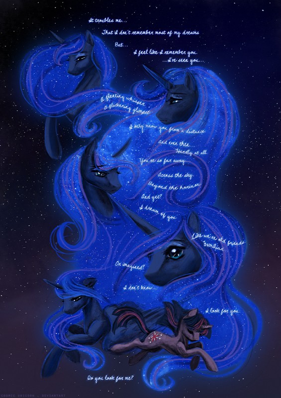 blue_body blue_feathers blue_hair cutie_mark duo feathered_wings feathers female feral hair horn long_hair night quadruped star tail text wings cosmicunicorn friendship_is_magic hasbro my_little_pony mythology princess_luna_(mlp) twilight_sparkle_(mlp) equid equine mammal mythological_creature mythological_equine unicorn winged_unicorn 2012 cool_colors english_text hi_res source_request