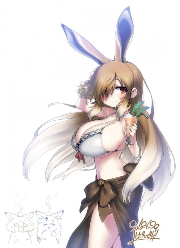 :3 beverage big_breasts bikini blush bottomwear breasts brown_eyes brown_hair cleavage clothed clothing female gradient_hair hair hair_over_eye holding_object huge_breasts long_hair multicolored_hair one_eye_obstructed side_boob skirt solo swimwear two-piece_swimsuit white_hair yoshida_hideyuki kemono_friends european_hare_(kemono_friends) animal_humanoid hare_humanoid humanoid lagomorph lagomorph_humanoid leporid_humanoid mammal mammal_humanoid 2018 hi_res signature watermark