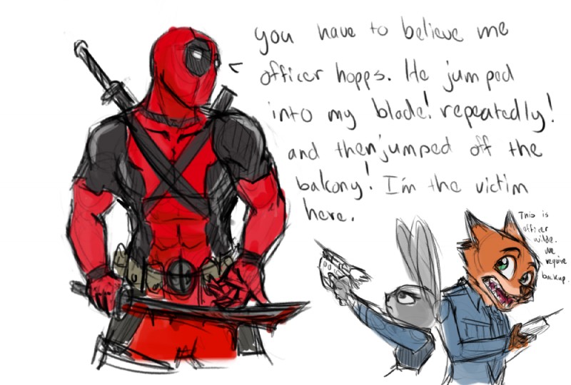 anthro blood bodily_fluids clothing duo female fur grey_body grey_fur long_ears male melee_weapon orange_body orange_fur police police_uniform size_difference sword text uniform weapon xxmarkingxx disney marvel zootopia deadpool judy_hopps nick_wilde canid canine fox lagomorph leporid mammal rabbit red_fox true_fox crossover english_text