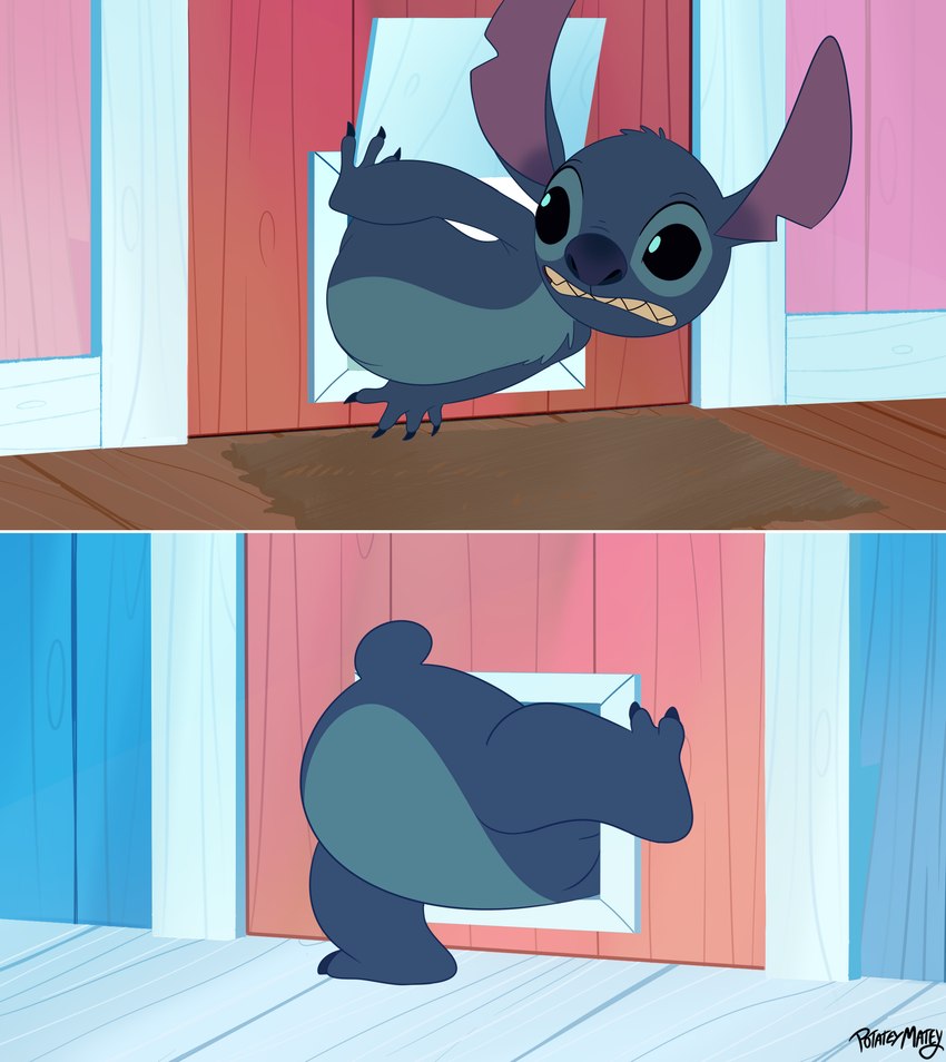 anthro black_eyes blue_body blue_claws blue_fur blue_nose butt claws door featureless_crotch finger_claws fur head_tuft looking_back male notched_ear pet_door rear_view small_tail solo stuck stuck_in_door tail toe_claws tuft potateymatey disney lilo_and_stitch stitch_(lilo_and_stitch) alien experiment_(lilo_and_stitch) 2023 absurd_res hi_res