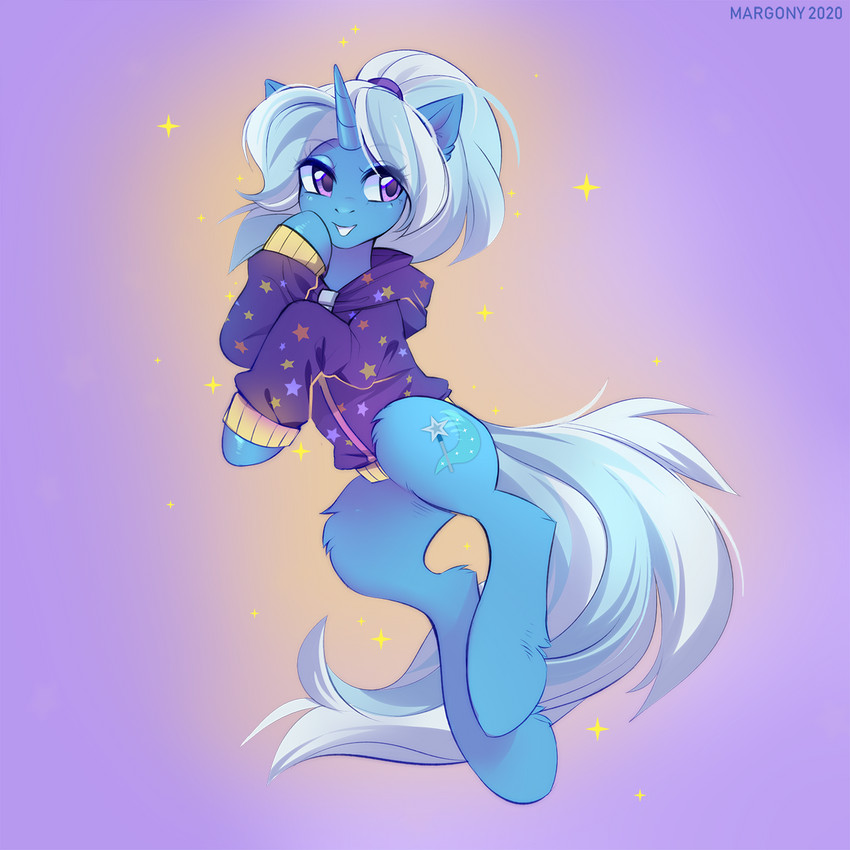 clothing female feral hair hoodie horn ponytail purple_eyes smile solo sparkles topwear margony friendship_is_magic hasbro my_little_pony mythology trixie_(mlp) equid equine mammal mythological_creature mythological_equine unicorn 1:1 2020 digital_media_(artwork) hi_res shaded