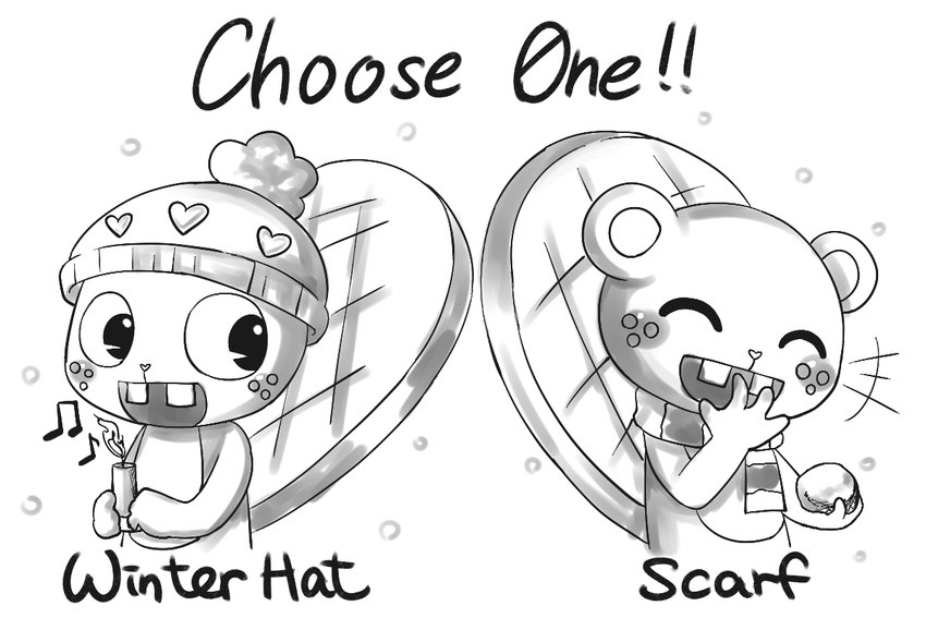 alternate_costume anthro buckteeth candle duo freckled_face freckles hand_on_mouth happy holding_object laugh lit_candle male scarf simple_background singing smile snow snowball snowing teeth text winter winter_hat abing happy_tree_friends toothy_(htf) beaver mammal rodent 3:2 monochrome