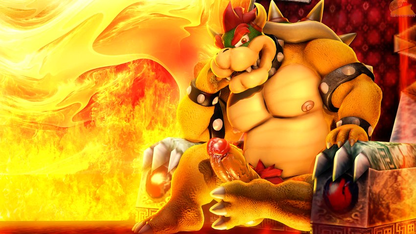 3_toes 4_finger_fingering anthro balls belly big_balls big_belly big_moobs big_penis blush bodily_fluids bracelet butt chair collar erection eyebrows feet fire fire_background fur furniture genital_fluids genitals glans glistening glistening_belly glistening_body glistening_genitalia glistening_moobs glistening_nipples glistening_penis hair horn humanoid_genitalia humanoid_penis jewelry looking_at_viewer male moobs multicolored_body nipples nude penis pubes pupils red_body red_eyes red_fur red_glans red_hair shell sitting slightly_chubby solo spiked_bracelet spiked_collar spiked_shell spikes spikes_(anatomy) teeth text thick_eyebrows thrown toes vein veiny_penis white_sclera yellow_body yellow_penis moonwulf mario_bros mythology nintendo bowser dragon koopa mammal mythological_creature mythological_scalie reptile scalie 16:9 2024 3d_(artwork) 4k absurd_res colored digital_drawing_(artwork) digital_media_(artwork) english_text full-length_portrait hi_res portrait shaded source_filmmaker_(artwork) widescreen