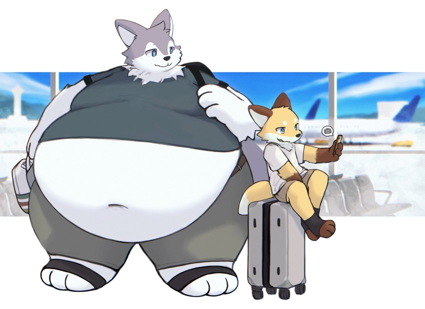 3_toes 4_fingers airport anthro belly big_belly blue_eyes bottomwear cellphone clothing dipstick_tail duo electronics feet fingers fur green_eyes grey_body grey_fur huge_belly luggage male markings obese obese_anthro orange_body orange_fur overweight overweight_anthro overweight_male pants phone shirt shorts sitting size_difference t-shirt tail tail_markings toes topwear white_body white_fur taka_fin9623 canid canine canis fox mammal wolf hi_res