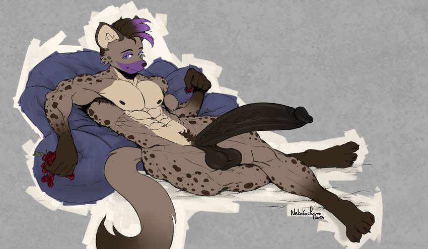 abs anthro balls big_penis black_hair cheek_tuft erection facial_tuft food fruit fur genitals grape grey_background grey_body grey_fur grey_spots hair half-closed_eyes highlights_(coloring) huge_penis humanoid_genitalia humanoid_penis lounging male markings muscular muscular_male narrowed_eyes nude penis plant pubes purple_highlights simple_background smile solo spots spotted_body spotted_fur spotted_markings tan_body tan_fur tuft vein veiny_penis nekotaclysm jay_(g-h-) hyena mammal spotted_hyena hi_res