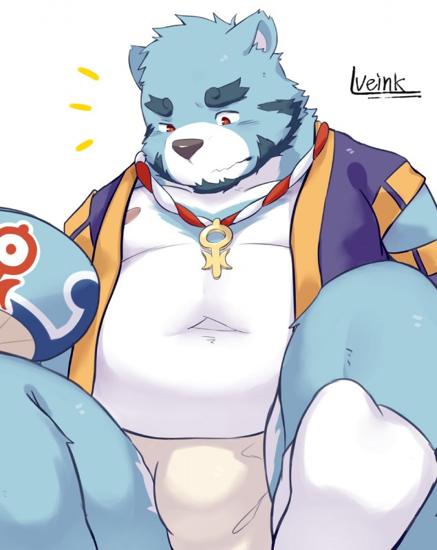 anthro beard belly biped blue_body blue_fur bulge clothing facial_hair fur male moobs navel nipples overweight overweight_anthro overweight_male red_eyes robe simple_background sitting solo underwear white_background kelvinash bonasiah full_attack sophring_jie bear mammal 2018 hi_res