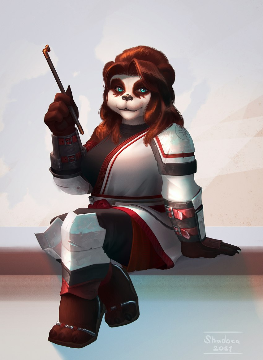 female pipe simple_background solo shadoca blizzard_entertainment warcraft bear mammal pandaren 2021 hi_res