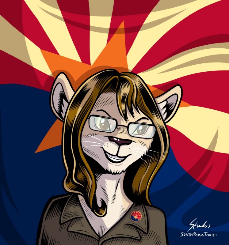 arizona_flag badge brown_eyes brown_hair clothed clothing eyewear female flag flag_background fur glasses hair politics smile solo whiskers yellow_sclera southparktaoist kelly_townsend felid lion mammal pantherine 2018 bust_portrait hi_res portrait signature