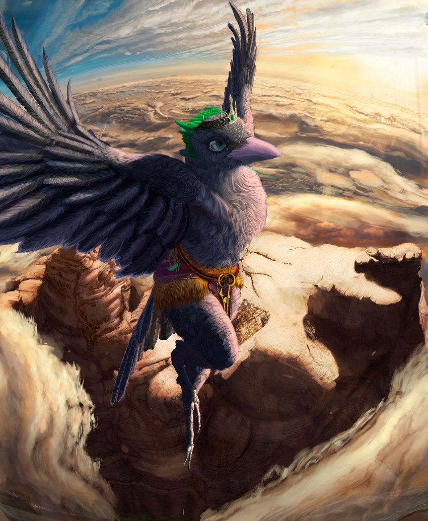 ambiguous_gender anthro bottomwear clothing cloud crown dagger desert green_hair hair headgear loincloth melee_weapon mesa_(landscape) sky solo sunrise tiara weapon noiet_phenkka avian bird corvid corvus_(genus) crow oscine passerine absurd_res hi_res
