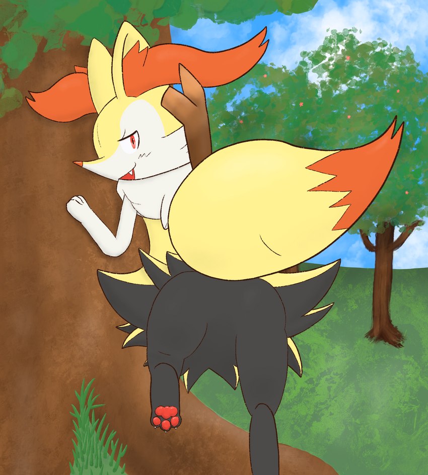 ambiguous_gender butt featureless_crotch grass lidded_eyes looking_at_viewer looking_back nature object_in_tail outside pawpads paws pink_pawpads plant presenting presenting_hindquarters raised_leg raised_tail rear_view solo stick stick_in_tail tail tree nedrik nintendo pokemon braixen canid canine generation_6_pokemon mammal pokemon_(species) hi_res