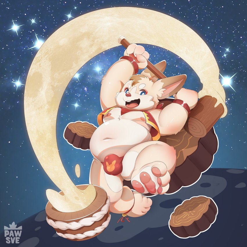 anthro belly bulge clothing food humanoid_hands kine_(mallet) male mochitsuki moon mooncake navel nipples overweight solo underwear usu young young_anthro pawsve moon_rabbit lagomorph leporid mammal rabbit 1:1 2021 hi_res